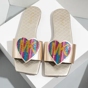 Divat Szív alakú Gyémánt Női Szandál Lapos Nők Otthon Papucs Nyári Tér Női Strand Cipő Zapatillas Mujer