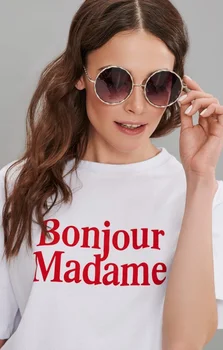 Nyári Stílusú Női póló francia Bonjour Madame Levél Nyomtatás Póló Lady Pamut, Fehér Legénység Nyak Póló Felső