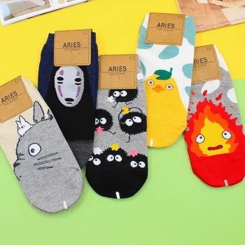 Totoro Női Zokni Rajzfilm Női Zoknik Kawaii Calcifer Alkalmi Mély Kék Tengeren # Nyomtatott Arc Nélküli Ember Fairydust Sox-Koreai Socken