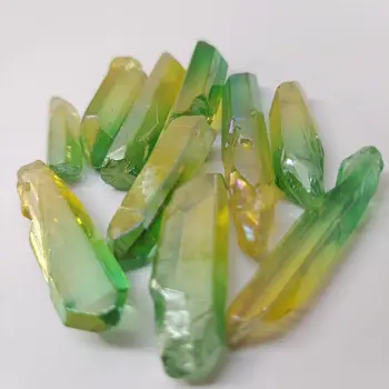 Nagykereskedelmi angyal Aura kvarc pálca természetes Yellowgreen dallam galvanizáló kristály pont példány Csiszolt Gyógyító