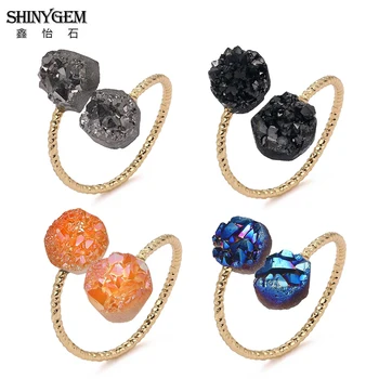 ShinyGem 5DB Vintage Természetes Szabálytalan Dupla Kristály Druzy Kő Gyűrű, Arany Bevonat, Állítható Ásványi Geode Drágakő Gyűrű A Nők