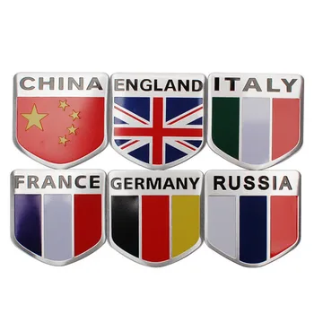 Kína, Anglia, Olaszország, Franciaország, Németország, Orosz Föderáció Nemzeti Zászlók Autó Matricák Alumínium Ötvözet Pajzs Stílus Auto Díszítő