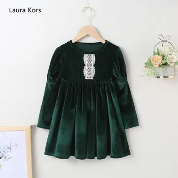 Téli 2021 újdonságok a Lányok Ruha Bársony Hosszú Ujjú O Nyakú Csipke Feketés Zöld Aranyos Streetwear Ruhák Vestidos 18M-6T