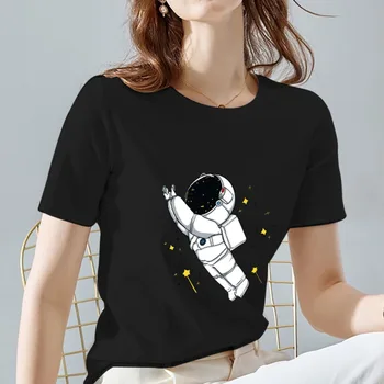 Alapvető Női póló, Alkalmi Slim Ingázó Utca Álom Űrhajós Grafikus Nyomtatás O-Nyakú Női Fekete Rövid Ujjú Felső, póló