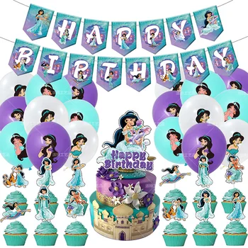 1Set Disney Aladdin Jázmin Hercegnő Téma Szülinapi Banner Torta Topper Latex lufi Baby Shower Esküvő Party Dekoráció Globos