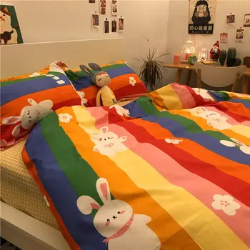 Rainbow Rabbit Ágy 4 darabos mosás pamut lepedő takaró fedél rajzfilm hallgató kollégiumi 3-darabos készlet.queen-size ágy, ágynemű szett