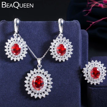 BeaQueen Gyönyörű, Nagy, Ovális Ruby Vörös Cirkónia Kristály 3 Db Virág 925 Sterling Ezüst Ékszer Szett Nők számára Ajándék JS255