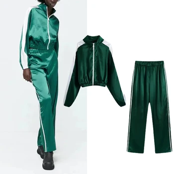 Za Meghatározott 2022 új divat szatén szegéllyel sportruházat retro 2 db kabát kabát + magas-derék, egyenes láb nadrág alkalmi slim női ruha