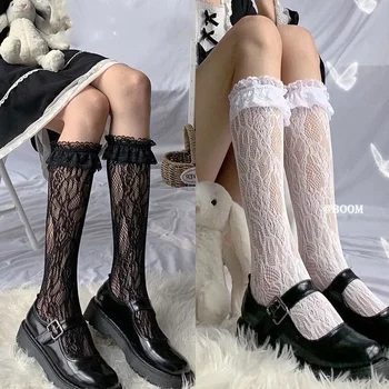 Fehér Csipke Borjú Zokni Női zokni Hosszú Cső Csipke Japán Fekete Fél-Láb