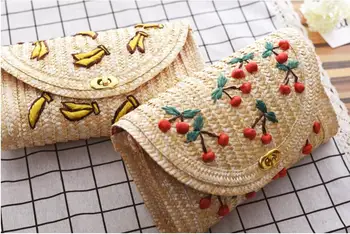Gyümölcs, Cseresznye Banán Szalma Strand Táska Női Messenger Bags Hímzett Design Nyári Aranyos Fedél Lánc válltáska