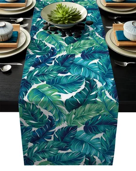 Trópusi Levelek Zöld Pálma Levelek, Modern Asztali Futók Ruhával Ünnepek Party Esküvői Dekoráció, Asztali Futó Étkező Asztal Borító