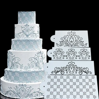 4 Db/szett, Virágos Csipkés Torta Stencil Esküvői Torta Határon Formák DIY Torta Kézműves Stencil Torta Sütés Eszközök