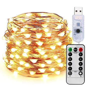 Meleg Fehér LED String Fények, Vízálló 100LED, 10M USB5V Tündér LED Karácsonyi Fény Ezüst Drót Buli, esküvő, Nyaralás, Távirányítóval