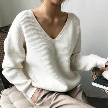 Koreai Divat V-nyak, laza pulóver nők lusta stílus egyszerű szabálytalan hem pulóver pulóver bázis felső pulóver női Kötött