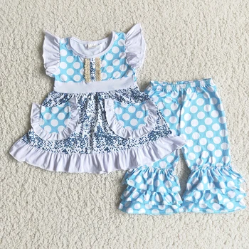 új stílusú ruhák zsebeit baba lányok édes póló+pontozott nadrág 2 db beállítja a gyerekek boutique nyári gyermek ruházat