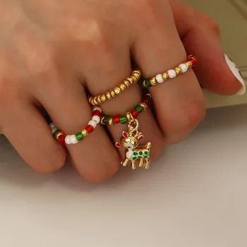 Karácsonyi Gyűrű Meghatározott Nagykereskedelmi Kézzel készített Piros, Zöld Üveg Gyöngy Gyűrű Alufelni Elk Ajándék Medál Bohém Ünnepi Ékszerek Nők