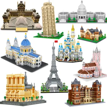 Világhírű Építészeti Gyémánt építőkövei Eiffel-Torony, Louvre Egyház Micro Blokk Tégla Építés Játékok