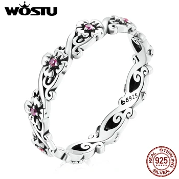 WOSTU 925 Sterling Ezüst Méret Vintage Üreges Minta Rózsa Piros Virág Cirkon Gyűrűk A Nők, Női Ékszerek Eredeti CTR235