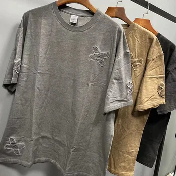Férfi T-shirt Streetwear Hip-Hop Túlméretezett Applied Hímzett Tshirt Vintage Harajuku Japán Stílusú Pamut Laza Retro Felső