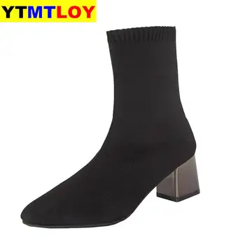 Női szexi közepes sarkú cipő zokni, csizma őszi-téli divat kötött szakaszon csizma női fekete boka csizma méret 35-40
