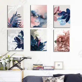 A Wall Art Vászon Festmény Rózsaszín Virágok Kék Trópusi Növények, Absztrakt Északi Plakátok HD Nyomtatás lakberendezési Hálószoba, Nappali