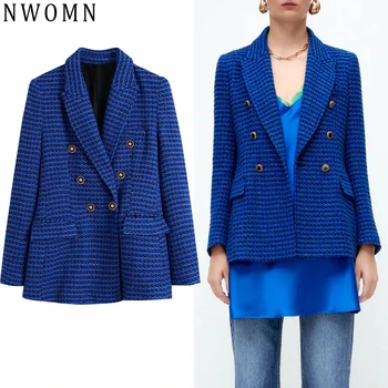 NWOMN Za Kék Blézer Nők Dupla Soros Texturált Hivatalos Tweed Kabát Nő Meghatározott Elegáns Őszi Hosszú Ujjú Elegáns Női Blézer