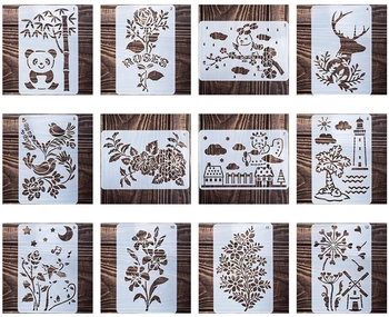 12db/Set 20cm Panda Fa Ház DIY Rétegződés Stencil Falon Festmény Scrapbook Színezés Dombornyomás Album Díszítő Sablon