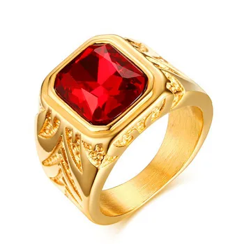 Négyzet Piros drágakövek cirkon gyémánt gyűrű a férfiak 18K arany színű titán rozsdamentes acél luxus ékszerek bijoux bague tartozék