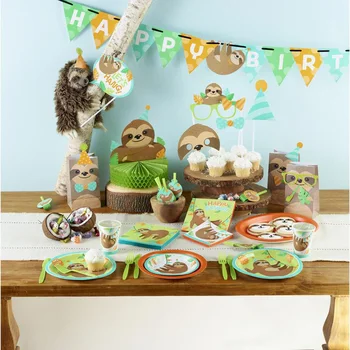 8db Cuki Lajhár Eldobható evőeszközök gyerekeknek, születésnapi party kellékek baba zuhany félék nyomtatás papír tányér, csésze dzsungel fél deco
