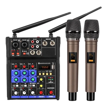 4 Csatornás Audio Mixer Konzol Vezeték nélküli Mikrofon Hang Keverés Bluetooth-USB-Mini Dj Keverő+Vezeték nélküli Karaoke