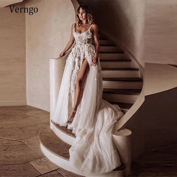 Verngo Modern 3D-s Virágos Esküvői Ruha Vonal Szexi Magas, Oldalt Hasított Söprés Vonat Sexy Menyasszonyi Ruhák Egyedi Vestido de noiva