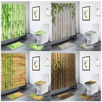 Zöld Bambusz Zuhanyzó Függöny Levelek Kínai Stílusú tusfestészet Divat, lakberendezés Fürdőszoba csúszásmentes Szőnyeg, Wc, Fürdő Szőnyeg Szett