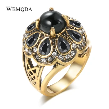 Wbmqda FORRÓ 2002 Divat Fekete köves Gyűrű A Nők Vintage Esküvői Ékszer Antik Arany Színű Gyanta Kristály Virág Női Gyűrű
