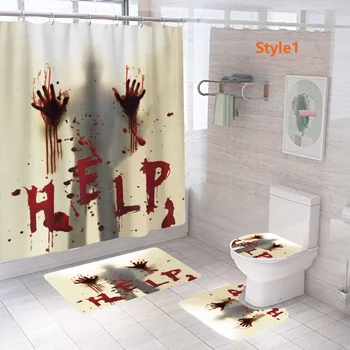 1/3/4DB zuhanyfüggöny Fürdőszobai Szőnyeg Szett Horror Bloodhand Minta Szőnyeg Vízálló Anyag Halloween Dekoráció