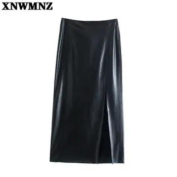 XNWMNZ Midi szoknya térd alatt 2021 Fekete puha bőr, magas derék hasított szoknya, női cipzáras Hosszú, egyenes szoknya, női