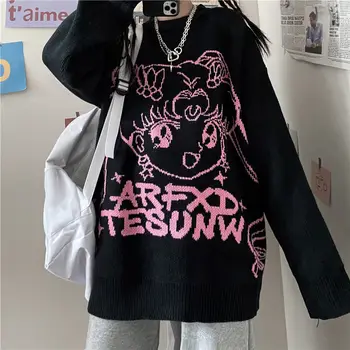 Deeptown Gótikus Streetwear Anime Nyomtatás Kötött Pulóver Nők Harajuku Punk Hip-Hop O-nyak Túlméretes Hosszú Ujjú Pulóver Aranyos Felső