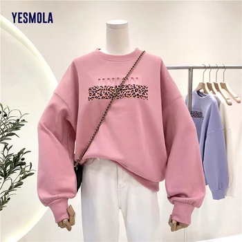 YESMOLA Női kapucnis felső Leopárd mintás 3d-s Levelet unió Pulóver Bő koreai Őszi Alkalmi Streetwear Téli Pullovers Outwear