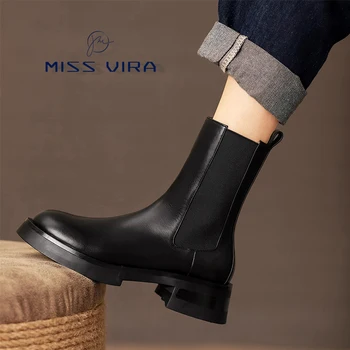 MISS VIRA Chelsea Csizma Női Valódi Bőr Boka Csizma Platform Női Tavaszi Cipő Divat Fekete Cipők