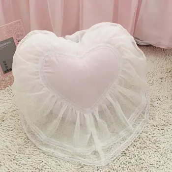 Top Édes Szív alakú párna esküvői ágy, párna hercegnő csipke fodros coussin párnák lány kanapé párna, 100% pamut anyagból