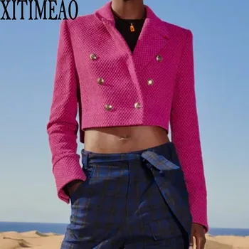 Xitimeao Za Női Divat Tweed Pladi Nyomtatás Rózsaszín Rövid Blézer Kabát Vintage Női Magas Derék, Rövid Ruha Felsőruházat