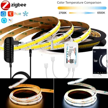 Zigbee3.0 2700-6500 K 24 v-os 1-10M CCT COB LED Szalag 520led/m Szabályozható Háttérvilágítás Fény Lámpa Szalag Készlet Alexa Smartthings Hu*e Tuya