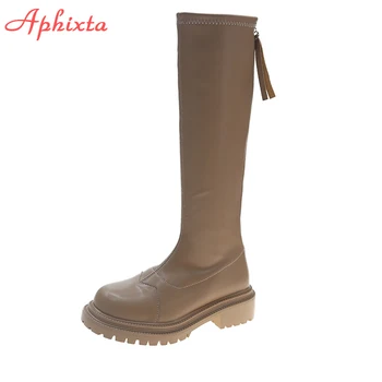 Aphixta 2021 Meleg Hosszú Női Téli Csizma, térdig érő Cipő Zipzár Platform 5cm Tér Sarok Női Hosszú Botas Mujer