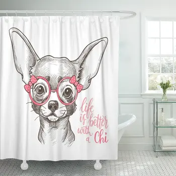 Rózsaszín Gyerekek Lány Chihuahua Aranyos, Divatos Kutya Vázlat Pet zuhanyfüggöny Poliészter 60 x 72 cm Állítsa be a Horgot