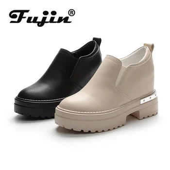 fujin női csizma cipő valódi bőrből készült, 9cm platform wedge tavaszi őszi női alkalmi cipő, tavaszi, őszi csúszik slipony zsákmány