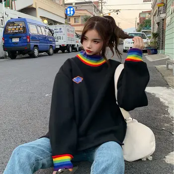 Kpop bő garbó pulóver külső hímzés ujja plusz bársony megvastagodása tanuló alkalmi pulóver női divatos Póló Maximum