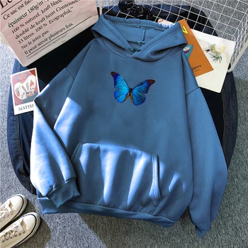 Kék Pillangó Nyomtatás Melegítőfelső Ember Harajuku Gyapjú Hosszú Ujjú Kapucnis Felső Streetwear Unisex Rajzfilmek Kapucnis Hip-Hop, Punk Kapucnis Felső