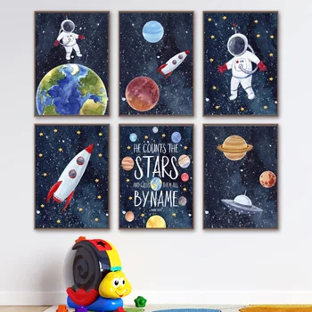 Rajzfilm Tér Űrhajós Bolygó Rakéta, Űrhajó Wall Art Print Vászon Festmény Északi Poszter Fali Képek Baba, Gyerek Szoba Dekoráció