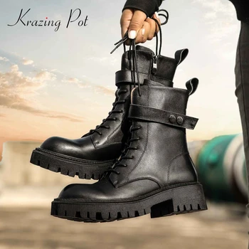 Krazing Pot rövid csizma természetes bőrből, kézzel készített kör toe vastag med sarok cipzár napi viselet punk Internet-csillagos boka csizma L54