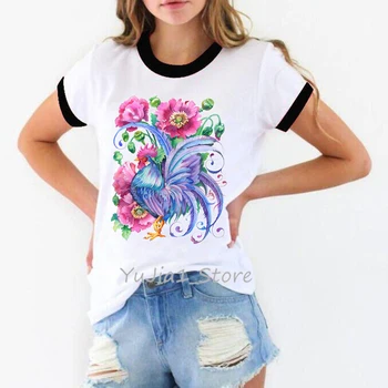 Virágok Kakas állat print női póló ropa mujer 2021 nyári felső ruhát outwear camiseta mujer vicces pólók egyedi tshirt
