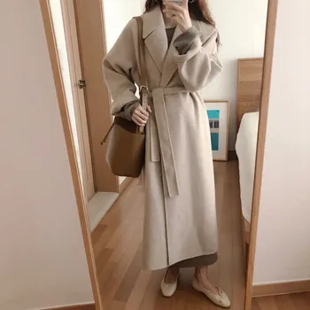 Téli Női Kabát Koreai Hosszú Gyapjú Kabát, Felöltő Outwear Laza Plus Size Kardigán Öv Elegáns Női Manteau Femme Hiver P57